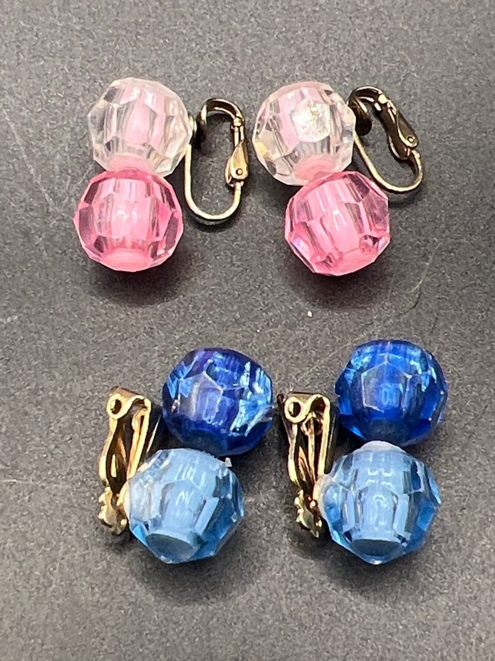 Vintage Pink and Blue Faceted Bead Clip-On Earrings Set